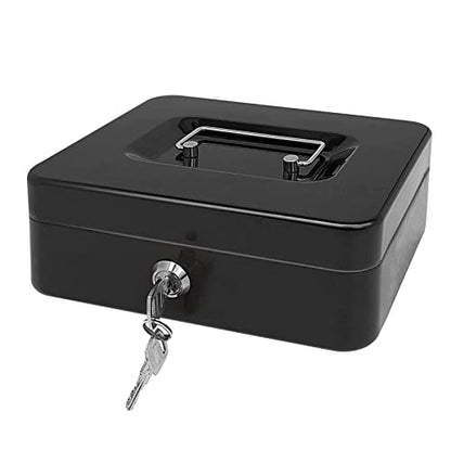 Steel Cash Box with Key Lock, Metal Small Money Organizer with Money Tray,Cash Storage Box with Lockable Cover (Black - 10 inch) - color: Black - 9.8" x 7.8" x 3.3"