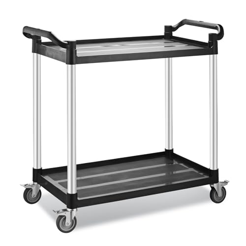 Large Utility Rolling Cart with Wheels,Plastic Utility Cart with 2 Lockable Wheels, Heavy Duty Restaurant Cart,Food Service Cart for Kitchen/Groceies/Warehouse.(2 Tier,34×17×37in / 340lbs) - size: 2 Tier - 34×17×37inches / 340lbs