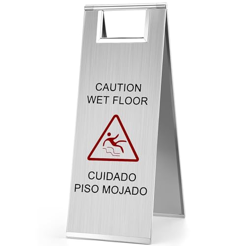 LEIFIDE 1 Pcs Wet Floor Signs, Bilingual Stainless Steel,Silver - color: Silver