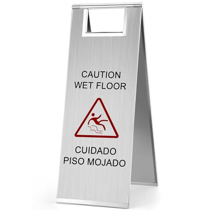 LEIFIDE 1 Pcs Wet Floor Signs, Bilingual Stainless Steel,Silver - color: Silver