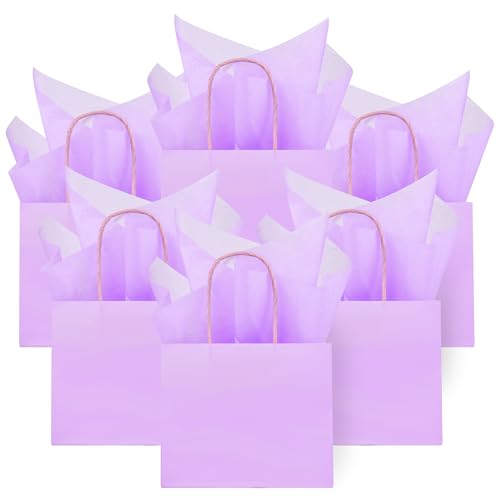 DjinnGlory 24 Pack Mini Tiny Small Lavender Purple Paper Gift Bags with Handles 6x5x2.5 Inch and 24 Tissue Paper for Merchandise Wedding Baby Shower Birthday Party Favors Goodies - color: Purple