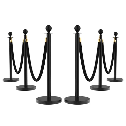 6Pcs Stanchions and Velvet Ropes, Black Stanchions with Retractable Belts, Crowd Control Barriers with Hollow Base, Red Carpet Ropes and Posts for Event & Party Supplies
