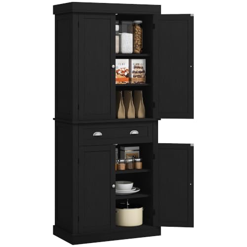 HOMCOM 72.5" Kitchen Pantry Cabinet Freestanding 4 Doors Black Wood Grain - color: Black Wood Grain