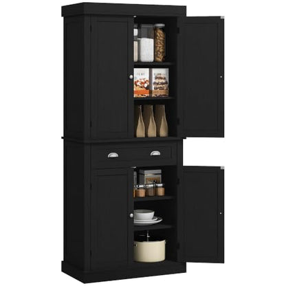 HOMCOM 72.5" Kitchen Pantry Cabinet Freestanding 4 Doors Black Wood Grain - color: Black Wood Grain