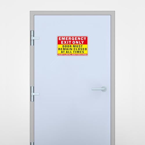 Emergency Exit Only Sign, (2 Pack) Self Adhesive Emergency Exit Sign Sticker for Door, Rust Free and Reflective Aluminum Metal Signs for Wall (9 x 6 inches, Red/Yellow) - color: Red /Yellow