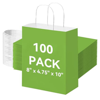 Brothersbox 100 Pack Paper Gift Bags with Handles, 8x4.75x10 Inch, Green - color: Green