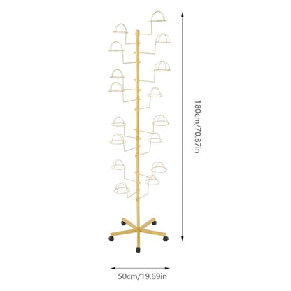 16 Hook Hat Display Stand with Lockable Wheels, 70" Freestanding Metal Hat Rack Organizer for Home & Store, 30 lbs Capacity (Gold) - color: Gold