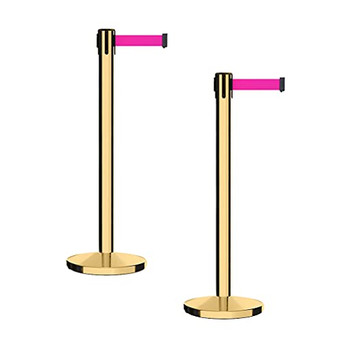 CCW Retractable Belt Barrier Stanchions, Pair, Polished Brass Posts, 7.5 Ft - color: Fluorescent Pink, size: 7.5 Foot