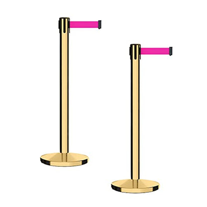 CCW Retractable Belt Barrier Stanchions, Pair, Polished Brass Posts, 7.5 Ft - color: Fluorescent Pink, size: 7.5 Foot