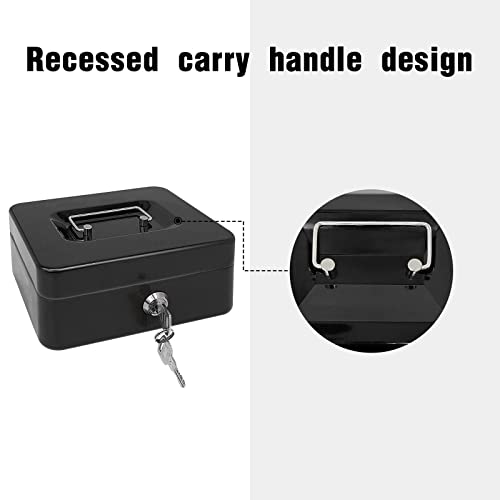 Steel Cash Box with Key Lock, Metal Small Money Organizer with Money Tray,Cash Storage Box with Lockable Cover (Black - 8 inch) - color: Black - 7.8" x 6.3" x 3.3"