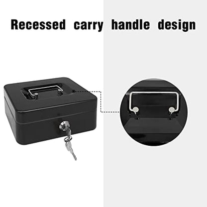 Steel Cash Box with Key Lock, Metal Small Money Organizer with Money Tray,Cash Storage Box with Lockable Cover (Black - 8 inch) - color: Black - 7.8" x 6.3" x 3.3"
