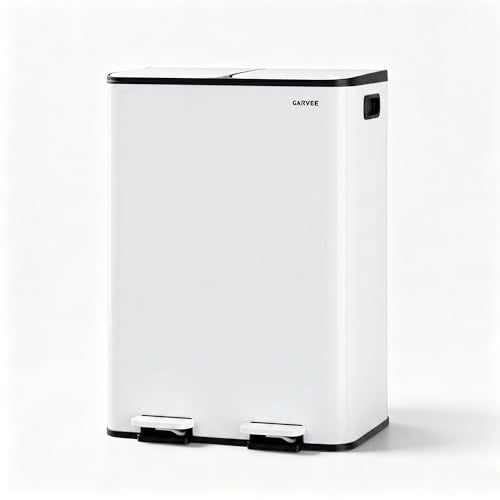 2x8 Gal Dual Compartment Stainless Steel Kitchen Trash Can with Lid, 30L+30L Recycling Garbage Bin, Soft Close Foot Pedal Trash Bin with 2 Removable Inner Buckets, Fingerprint Resistant for Home Offic - color: White, size: 2x8 Gal