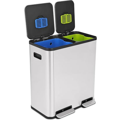 Simpli-Magic 70 Liter / 18.5 Gallon Rectangular Hands-Free Dual Compartment Recycling Kitchen Step Trash Can with Soft-Close Single Lid, Stainless Steel (40L x 30L Capacity), White - color: White, size: 70 Liter