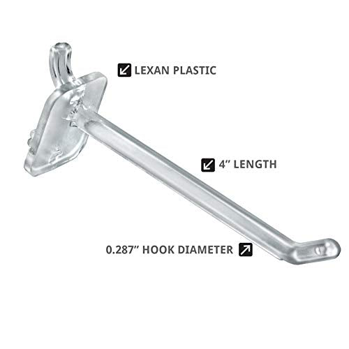 Azar Displays 800004-C Pack of 50 Clear Pegboard Hooks (Also Available in Black & White) - 4” Pegboard Hook Set (2” & 6” Pegboard J Hooks Also Available) - Polycarbonate Plastic Hooks for Retail - color: Clear, size: 4 Inch