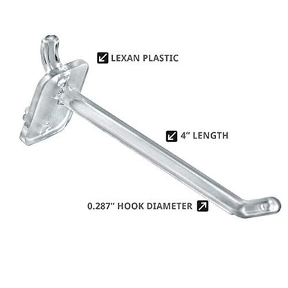 Azar Displays 800004-C Pack of 50 Clear Pegboard Hooks (Also Available in Black & White) - 4” Pegboard Hook Set (2” & 6” Pegboard J Hooks Also Available) - Polycarbonate Plastic Hooks for Retail - color: Clear, size: 4 Inch