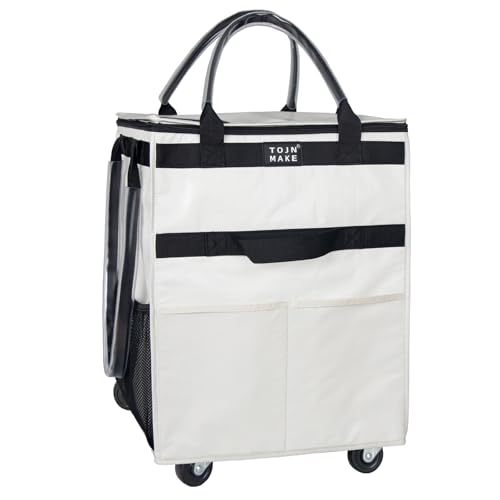 Reusable Grocery Bag with Wheels, Medium Beige Rolling Tote - color: Beige, size: Medium