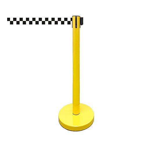 Retractable Stanchion, 6 SPECIALTY Posts + Signframe, 36" Ht, 78" Special Event & Holiday Theme Belt + Bonus Replacement Cassettes + Wall Receiver (YEL Post/Checker Belt) - color: Yel Post/ Checker Belt