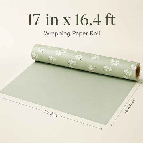 Ulmasinn Reversible Wrapping Paper Roll - 17” x 16.4 Ft, Double Sided Floral & Light Green for Gift Wrapping, Wedding, Baby Shower, Birthday - color: Light Green Floral