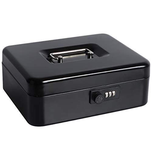Cash Box with Money Tray, Parrency Large Money Box with Combination Lock, 9.8 x 7.9 x 3.5 inches, Black - color: Combo Black, size: Large（9.84")