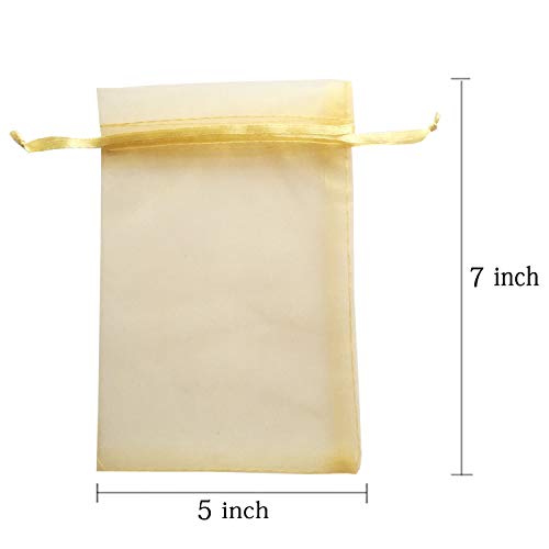 100pcs 5x7 inch Gifts Wrap Bags Gold, Organza Sheer Fabric Bulk, Drawstring - color: Gold