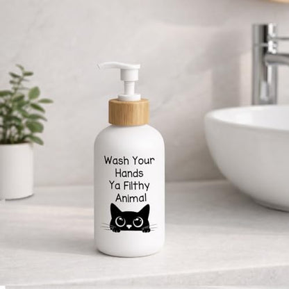 Black Cat Bathroom Soap Dispenser, Wash Your Hands Filthy Animal Glass Hand Soap Dispenser with Pump, Funny Cat Refillable Handsoap Liquid Bottle for Bathroom Washroom Restroom Countertop - color: Cat Quote
