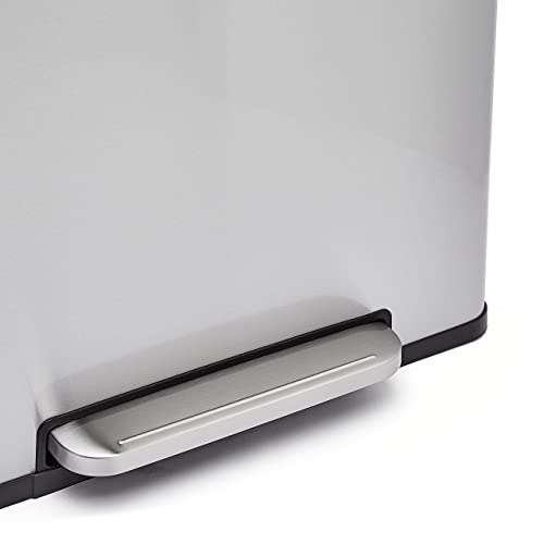 Amazon Basics Dual Compartment Recycling Trash Can with Soft-Close Lid, Fingerprint Resistant, Removable Liner Buckets, 60 Liters, Rectangular, Grey, Silver
