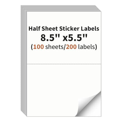 Half Sheet Labels, 2 per Sheet, 100 Sheets, 200 Labels, 8.5" x 5.5" Size - size: 8.5" x 5.5", style: 100 sheets