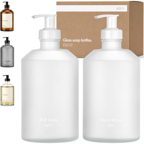 KIVY Glass Soap Dispenser Set 2X 16oz - incl. Waterproof Labels - with Pump - color: Matte White