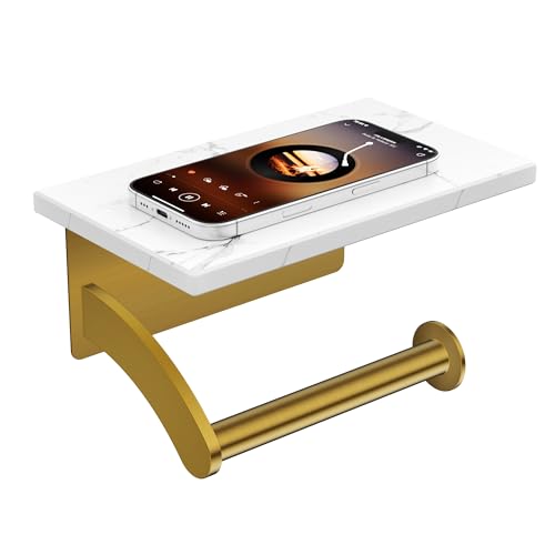 FORIOUS Natural Marble Toilet Paper Holder with Phone Shelf, Commercial - color: Brushed Gold, size: Single Roll