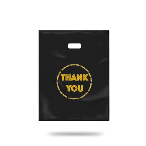 Thank You Plastic Merchandise Bags, 100 Pack, 12 x 15 Inches, 2 Mil Black Glossy Shopping Bags for Small Business, Gift, Clothing, Accessories (100 Pack, 12" x 15")