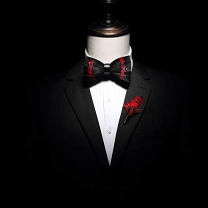 RBOCOTT Handmade Feather Pre-tied Bow tie and Brooch Sets for Men - color: Black/Red
