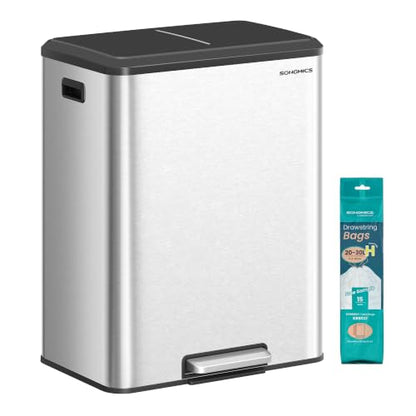 SONGMICS Trash Can, 2 x 8 Gallon (2 x 30 L), Stainless Steel - color: Metallic Silver
