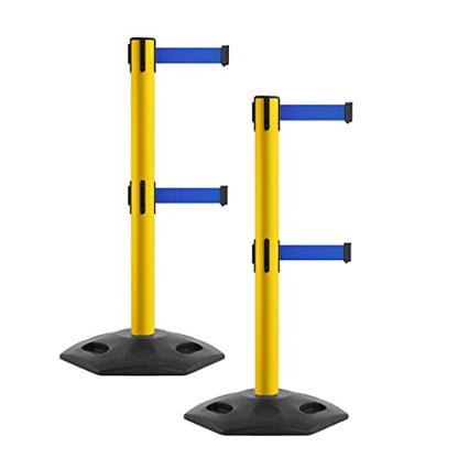 Montour Line MSR650D Set of 2 Retractable Belt Barrier Stanchion, Heavy-Duty Rubber Base, Yellow Steel Post (14 ft Blue Belt) - color: Blue, size: Yellow Steel