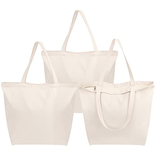 Segarty Canvas Tote Bag with Zipper, 3 Pack 18x15 Blank Canvas Bags for Women, Reusable Tote Bags Aesthetic with Natural Cotton Cloth Shoulder Strap, Bulk for DIY Grocery Beach Travel Gift - size: 18"x15"x4.7", style: Beige_3pcs