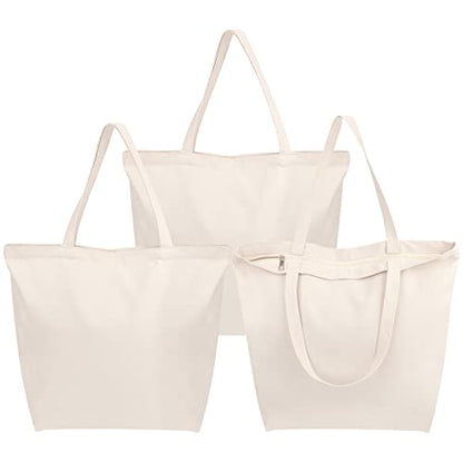 Segarty Canvas Tote Bag with Zipper, 3 Pack 18x15 Blank Canvas Bags for Women, Reusable Tote Bags Aesthetic with Natural Cotton Cloth Shoulder Strap, Bulk for DIY Grocery Beach Travel Gift - size: 18"x15"x4.7", style: Beige_3pcs