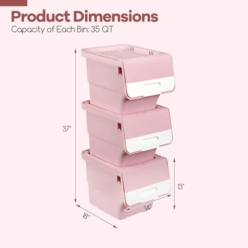 GIANTEX 3 Pack Plastic Stackable Storage Bins with Lids & Wheels, 35 QT - color: White + Pink, size: 3 Pack, 35 QT
