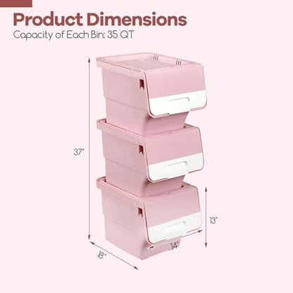 GIANTEX 3 Pack Plastic Stackable Storage Bins with Lids & Wheels, 35 QT - color: White + Pink, size: 3 Pack, 35 QT