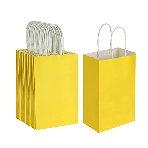Oikss 50 Pack 5.25x3.25x8.25 Inch Small Yellow Kraft Paper Bags with Handles Bulk for Birthday Wedding Party Favors Grocery Retail Shopping Business Goody Craft Gift Bags Cub Sacks, 50 Count - color: Yellow