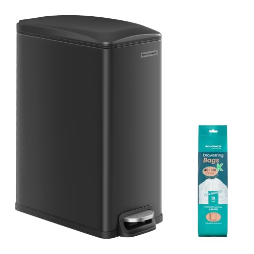 SONGMICS Kitchen Trash Can with Lid, 13-Gallon (50 L) Slim, Stainless Steel - color: Black, style: 13 Gal.