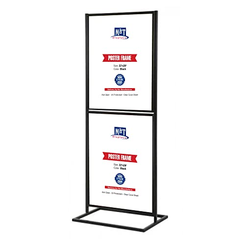 M&T Displays Metal Eco Info Board, Black 22x28 Inches Slide-In Poster Sign Holder 2 Tier Double Sided Floor Standing Pedestal Advertising Display with Backing and Anti-Glare PET Cover