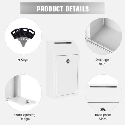 Sumerfnt Locking Cash Box with Slot, Metal Money Donation Box with Lock and 4 Keys Wall Mount, Cash Drop for Farm Stand, Self-Serve Stand, Tips, Fundraising, White - color: White