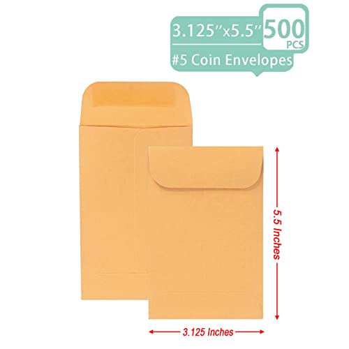 Xxcxpark 500 PCS #5 Coin Envelopes, 3.125 x 5.5 inches Brown Kraft Envelopes Classic Small Parts Envelopes with Self Adhesive Gummed Flap for Coins, Cash, Credit Cards, Seeds - color: Brown, size: 500 PCS #5 (3.125" x 5.5")