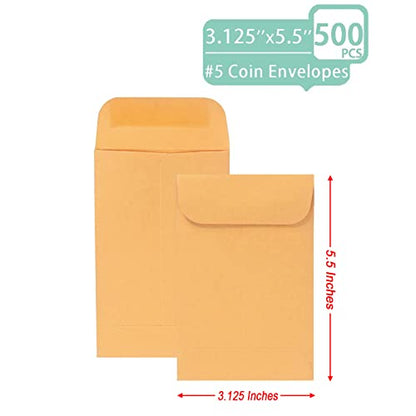 Xxcxpark 500 PCS #5 Coin Envelopes, 3.125 x 5.5 inches Brown Kraft Envelopes Classic Small Parts Envelopes with Self Adhesive Gummed Flap for Coins, Cash, Credit Cards, Seeds - color: Brown, size: 500 PCS #5 (3.125" x 5.5")