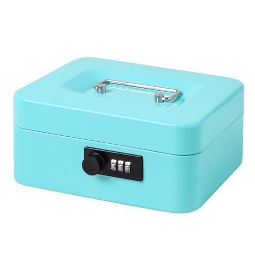 Jssmst Medium Cash Box with Combination Lock - Durable Metal Cash Box with Money Tray,light blue,7.87 x 6.3 x 3.35 inches - color: Light blue, size: Medium