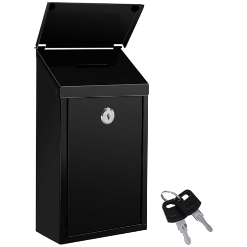 Metal Money Box with Lock Donation Cash Box Collection Safe Suggestion Box Wall Mounted Mailbox for Home Office, Outdoor, Farmstand - color: Black