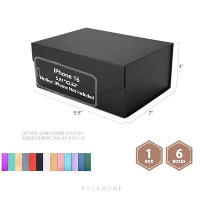 PACKHOME 6 Black Gift Boxes 9x6.5x3.8in with Magnetic Lids - color: 9x6.5x3.8 Inch-Black-Pack of 6
