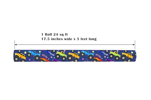 Cuitpan Monster Truck Wrapping Paper Roll - Holiday Gift Wrap Black & White Checkered Flag on Reverse - Perfect for Kids and Boys Birthdays Gift Wrapping - 17 Inches x 16.5 Feet (24 sq. ft) - color: Monster Truck-Blue