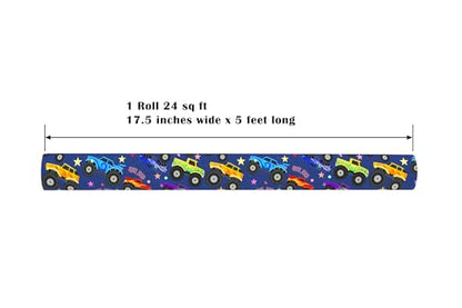 Cuitpan Monster Truck Wrapping Paper Roll - Holiday Gift Wrap Black & White Checkered Flag on Reverse - Perfect for Kids and Boys Birthdays Gift Wrapping - 17 Inches x 16.5 Feet (24 sq. ft) - color: Monster Truck-Blue
