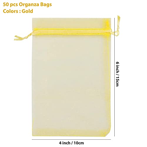ANZNKU 50 Pack Gold Organza Bags 4 x 6 inch, Small Mesh Gift Bags with Drawstring for Party Favor Halloween Candy Jewelry Pouches & Wedding Birthday Baby Shower - color: Gold