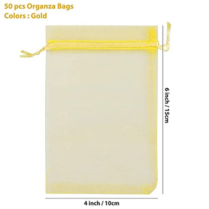 ANZNKU 50 Pack Gold Organza Bags 4 x 6 inch, Small Mesh Gift Bags with Drawstring for Party Favor Halloween Candy Jewelry Pouches & Wedding Birthday Baby Shower - color: Gold